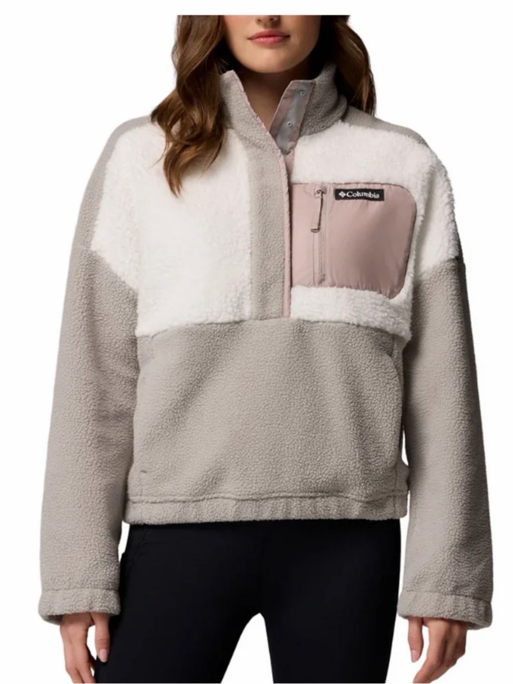 Columbia Two-Tone Sherpa Pullover - White, Gray & Blush